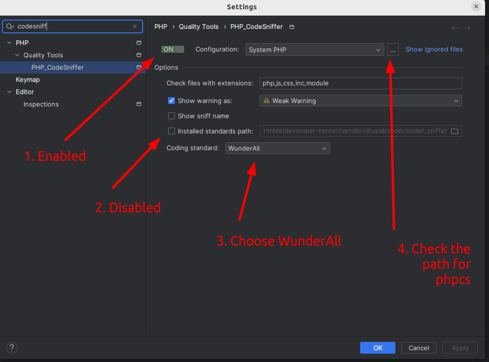 PhpStorm settings PHPCS 1/2