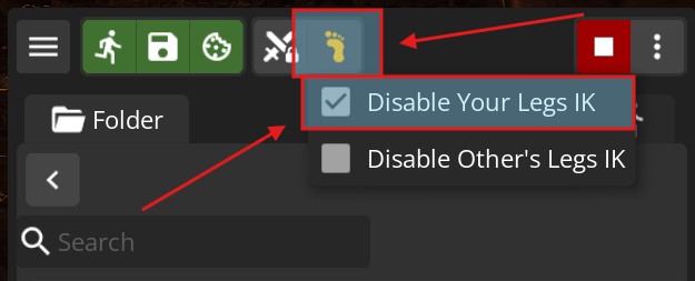 Player panel showing the Disable Your Legs IK option
