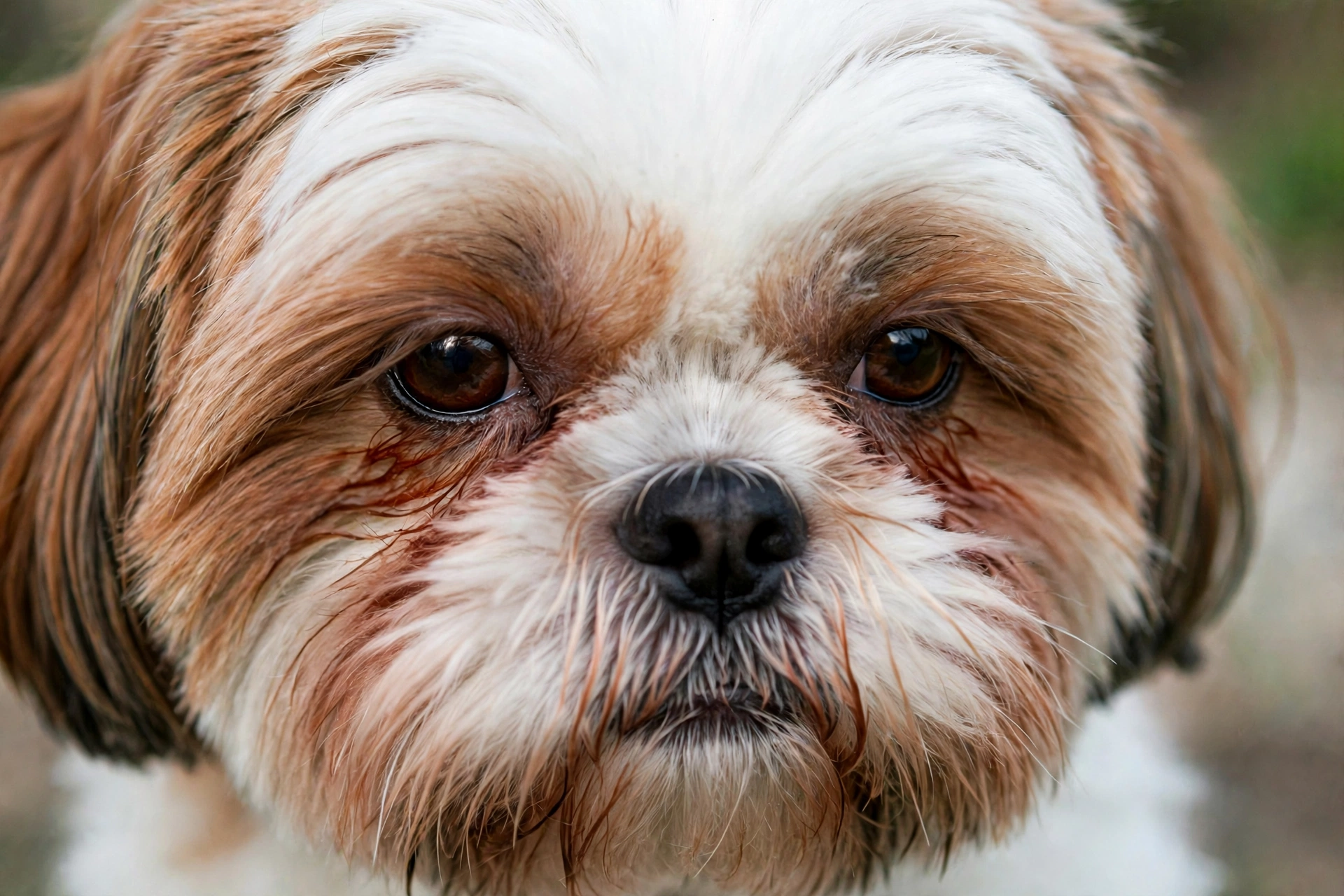 Tear staining under a Shih Tzu's eyes — daily wiping keeps it under control.