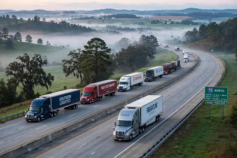 Semi trucks on Interstate 75 in Georgia — Mike Collins built a trucking company before entering Congress