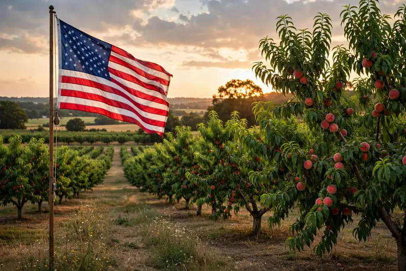 American flag waving over a Georgia peach orchard at sunset