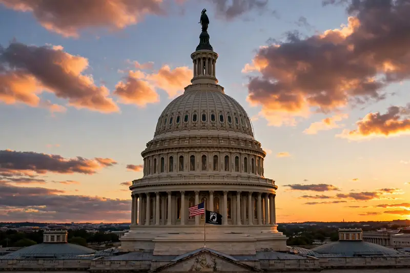 The U.S. Capitol dome in Washington, D.C. at sunset