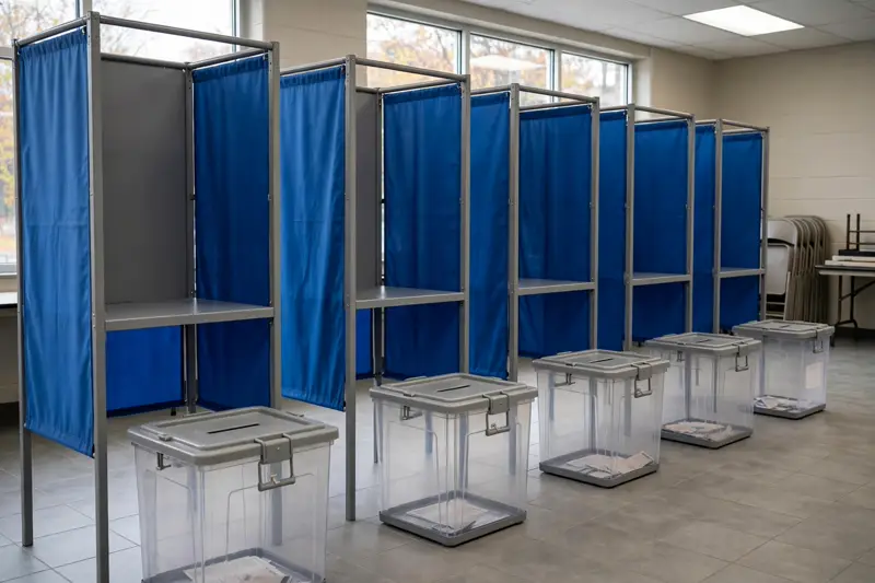 Voting booths and ballot boxes at a polling station on election day